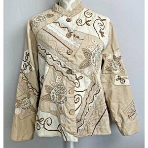 VINTAGE Y2K Embroidered Jacket Beaded Beige Boho Artsy Earthy Beaded Wood Button